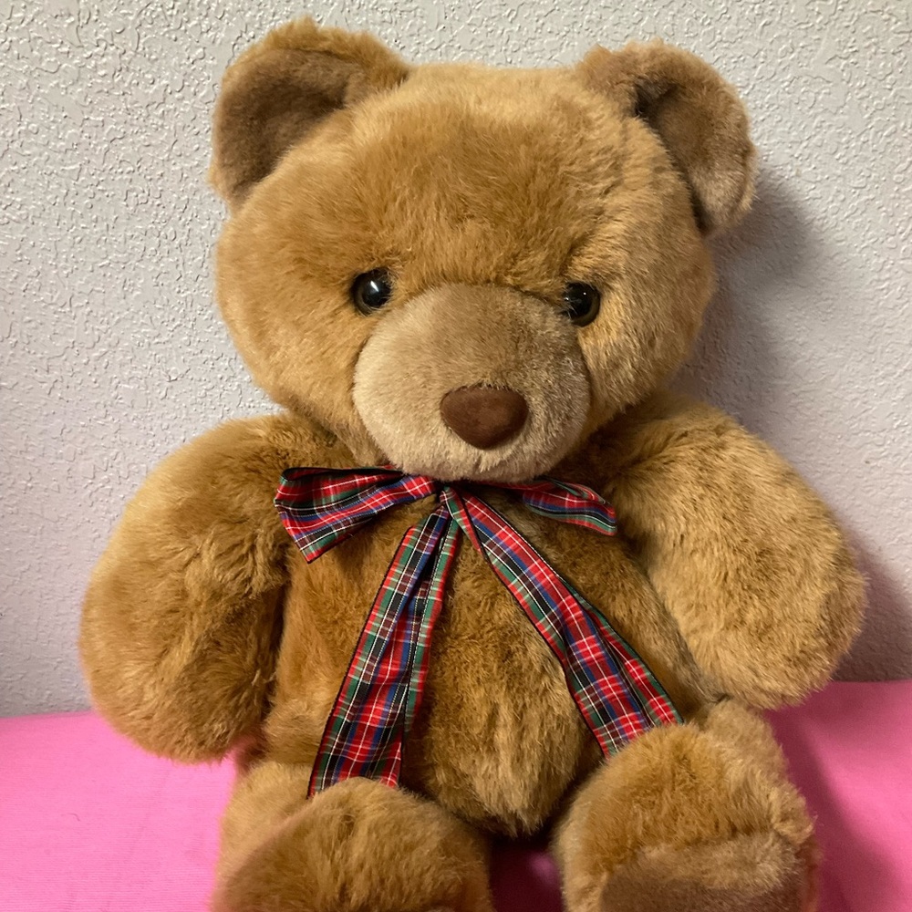 Vintage Brown Plush Teddy Bear With Plaid Bow Stuffed Animals Plush Toys